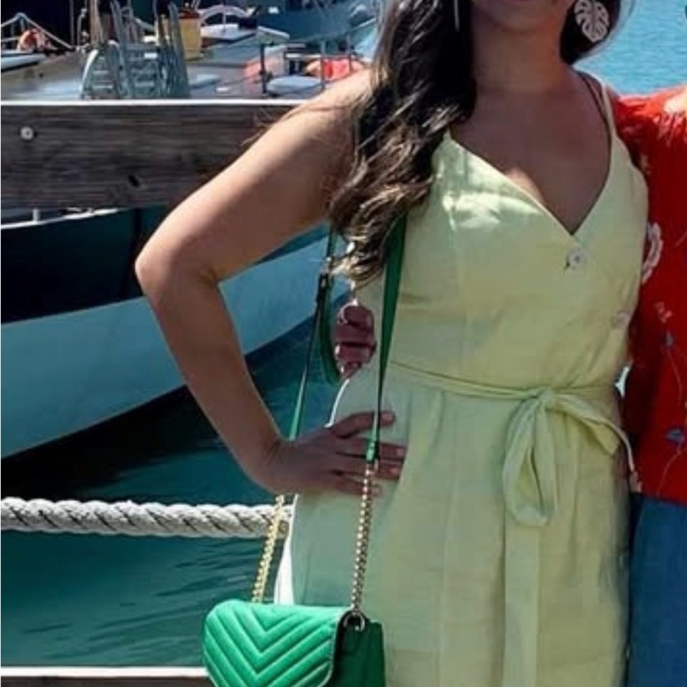 Banana Republic Light Yellow Dress with Green Bag